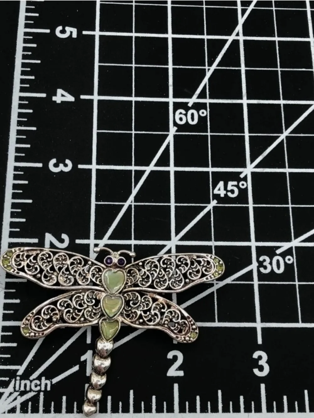 Vintage Silver Tone Filigree Dragonfly Brooch Pin with Green & Purple stones